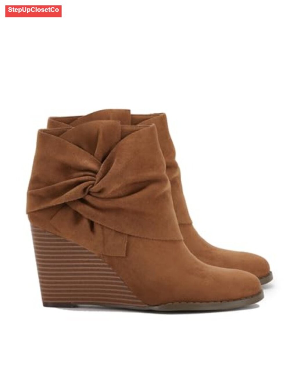 Faux Suede Wedge Ankle Booties Bow Knot Stacked Heeled Winter Dress Shoes